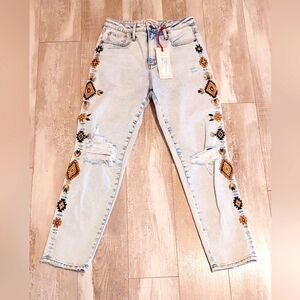 Driftwood NWT Gizelle Geometric Embroidered Straight Jeans Ladies Size 26